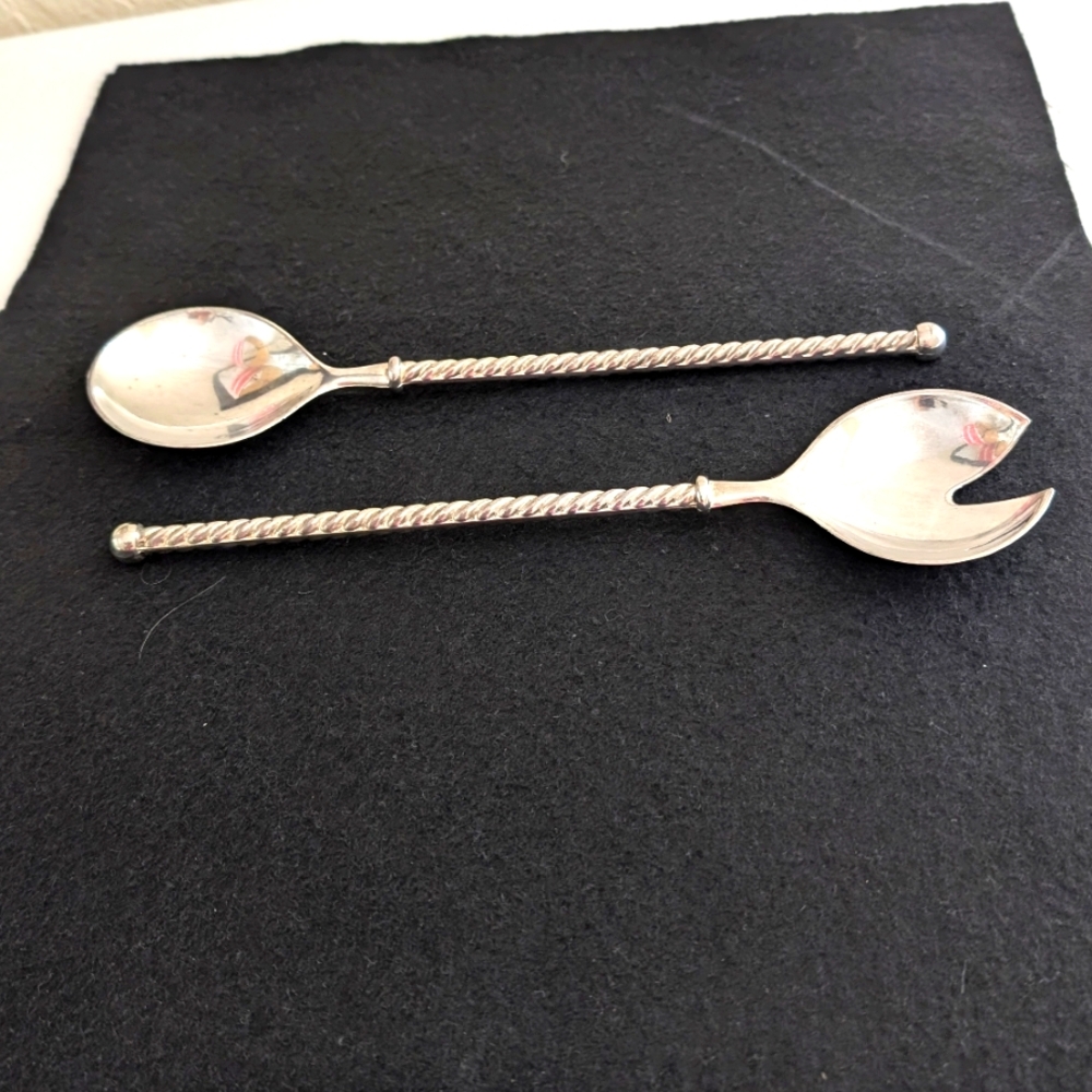 VTG TWO PIECES E.P.ZINC ITALY SALAD SERVING SET WITH TWISTED HANDLES PAUL REVERE - Picture 3 of 8